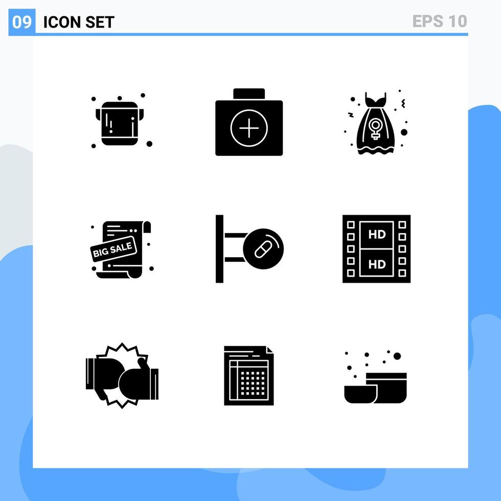 Set of 9 Commercial Solid Glyphs pack for pills medical party frock sale promotion promotional offer Editable Vector Design Elements