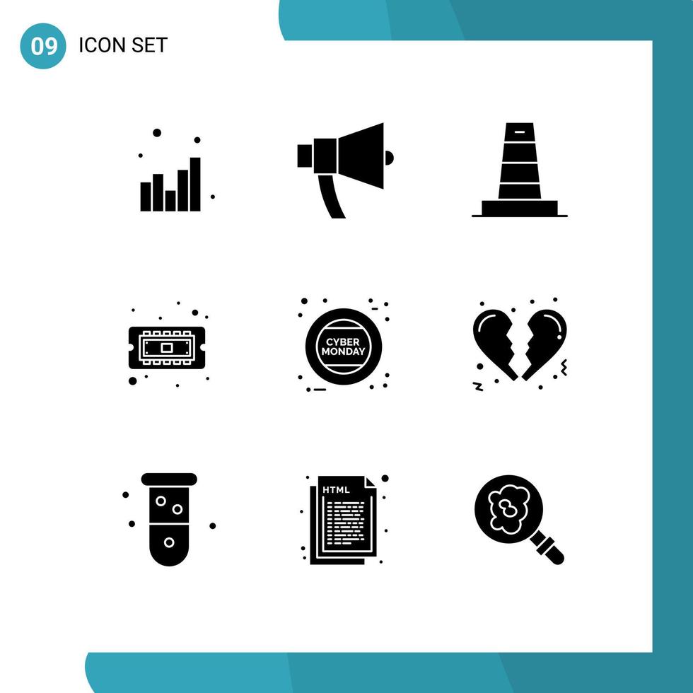 Set of 9 Vector Solid Glyphs on Grid for cyber cpu speaker computer under Editable Vector Design Elements