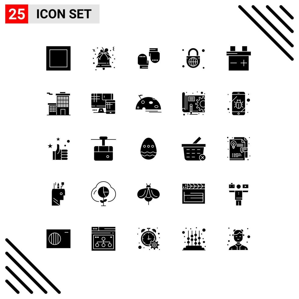 Mobile Interface Solid Glyph Set of 25 Pictograms of corporation building protective car globe with lock Editable Vector Design Elements