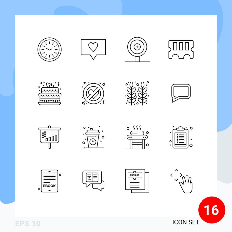 Pictogram Set of 16 Simple Outlines of no love party target wedding cake Editable Vector Design Elements