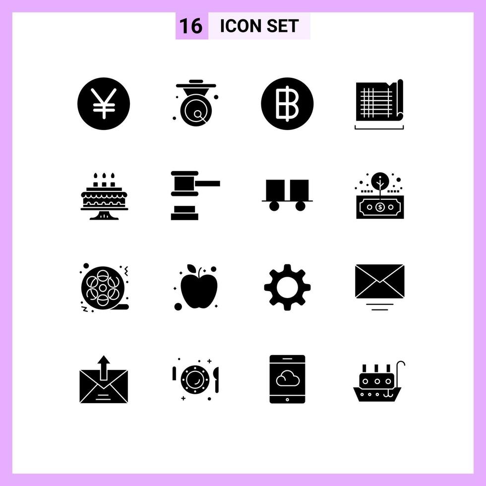 Mobile Interface Solid Glyph Set of 16 Pictograms of cake map baht house construction Editable Vector Design Elements