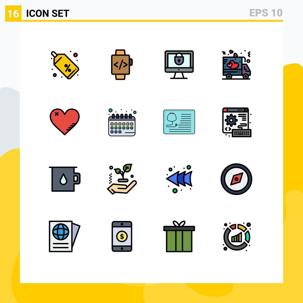 Modern Set of 16 Flat Color Filled Lines Pictograph of like heart internet truck love Editable Creative Vector Design Elements