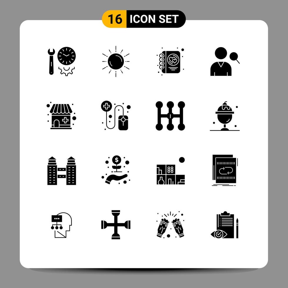 Editable Vector Line Pack of 16 Simple Solid Glyphs of drugstore search astronomy employee love Editable Vector Design Elements