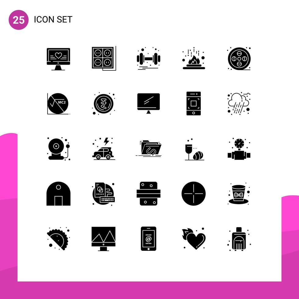 Group of 25 Modern Solid Glyphs Set for science heat tool fire health Editable Vector Design Elements