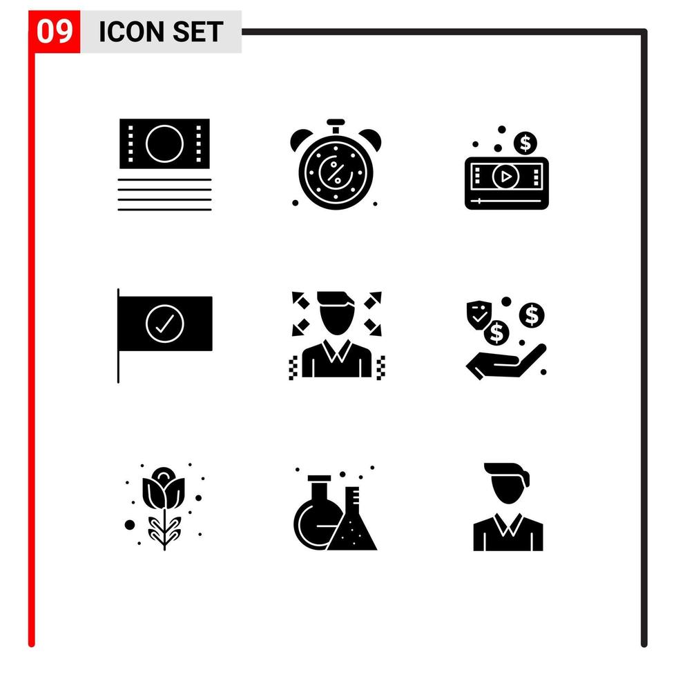 Group of 9 Modern Solid Glyphs Set for man sign money flag video Editable Vector Design Elements
