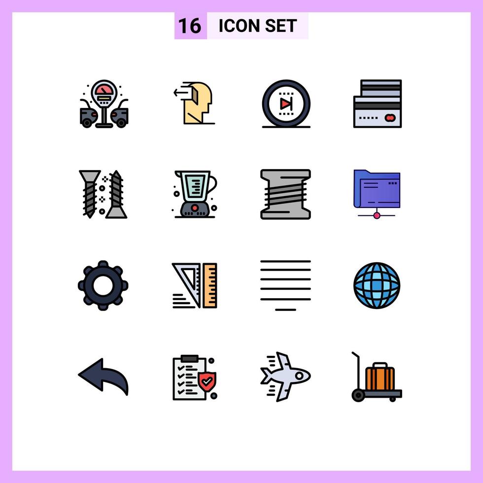 Pack of 16 creative Flat Color Filled Lines of construction money movie ecommerce card Editable Creative Vector Design Elements