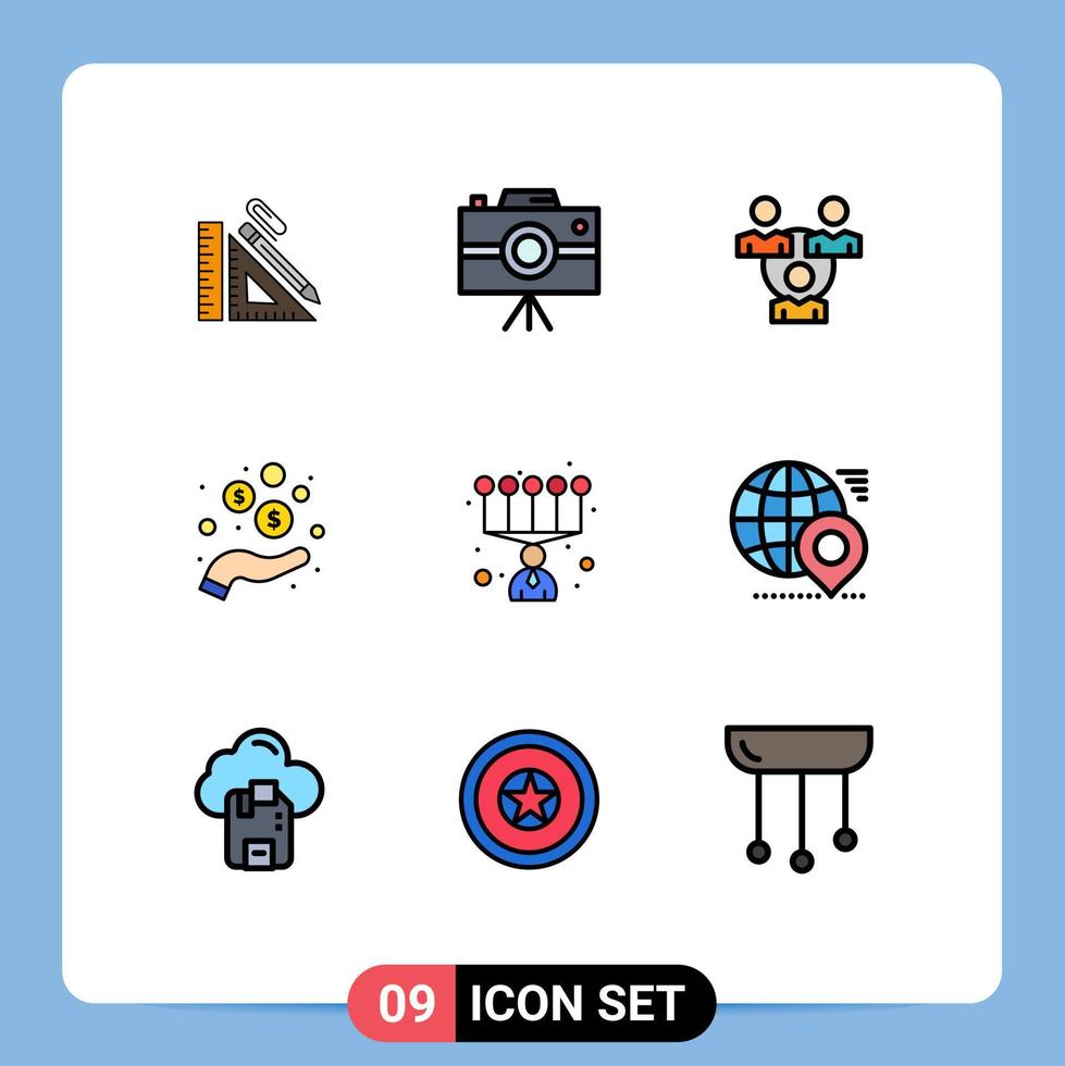 Set of 9 Commercial Filledline Flat Colors pack for coins income journalist camera hand office Editable Vector Design Elements
