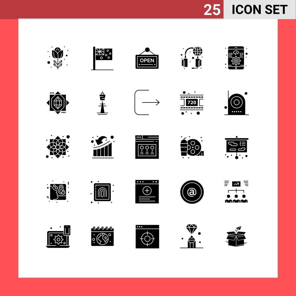 Universal Icon Symbols Group of 25 Modern Solid Glyphs of development world open support help Editable Vector Design Elements