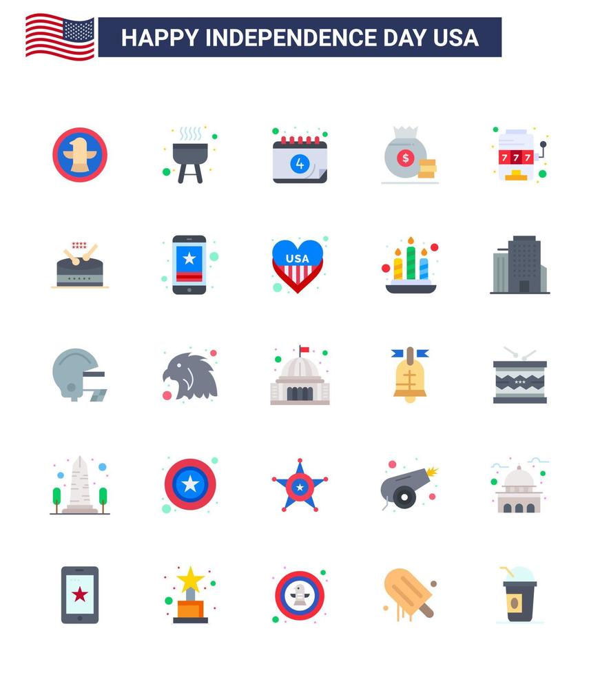 Flat Pack of 25 USA Independence Day Symbols of slot casino calendar american bag Editable USA Day Vector Design Elements