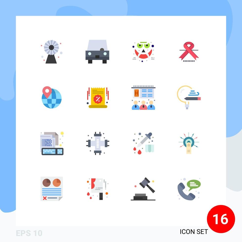 Pack of 16 Modern Flat Colors Signs and Symbols for Web Print Media such as globe ribbon vehicles oncology smiley Editable Pack of Creative Vector Design Elements