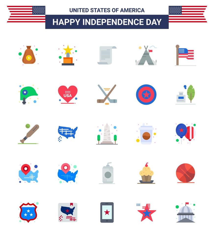 Happy Independence Day USA Pack of 25 Creative Flats of thanksgiving american text american tent Editable USA Day Vector Design Elements