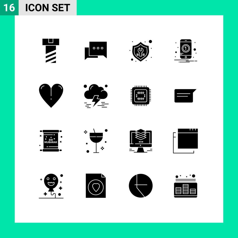 Modern Set of 16 Solid Glyphs Pictograph of cloud love repair heart one Editable Vector Design Elements