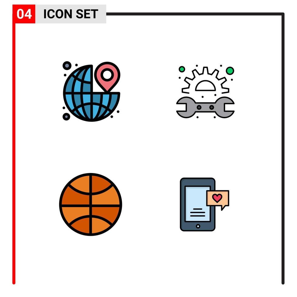 Pack of 4 creative Filledline Flat Colors of around basketball the mechanic festival Editable Vector Design Elements