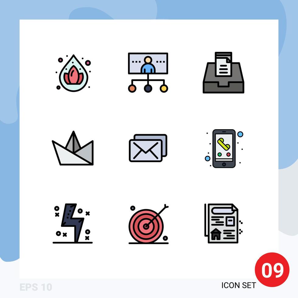 9 User Interface Filledline Flat Color Pack of modern Signs and Symbols of call mail inbox business origami Editable Vector Design Elements