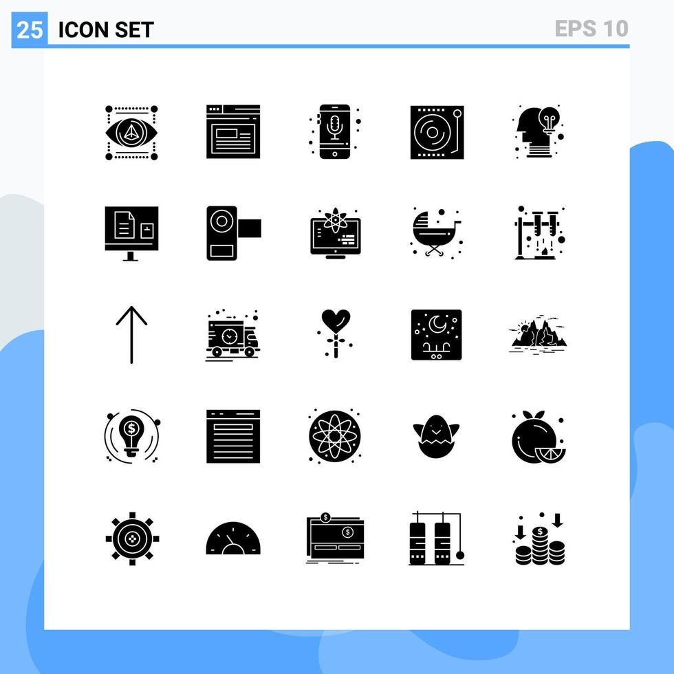 User Interface Pack of 25 Basic Solid Glyphs of vinyl music device dj smartphone Editable Vector Design Elements