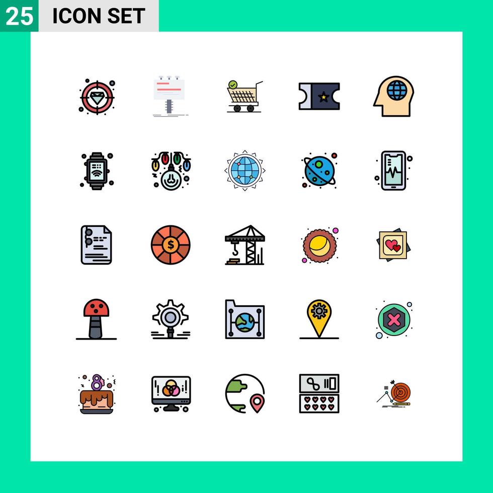 conjunto de pictogramas de 25 colores planos de línea rellena simple de elementos de diseño de vector editables de carro de entrada de promoción de cara de cabeza