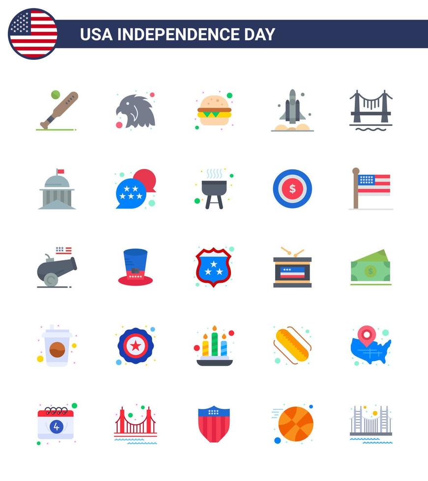 25 USA Flat Pack of Independence Day Signs and Symbols of building usa burger transport rocket Editable USA Day Vector Design Elements