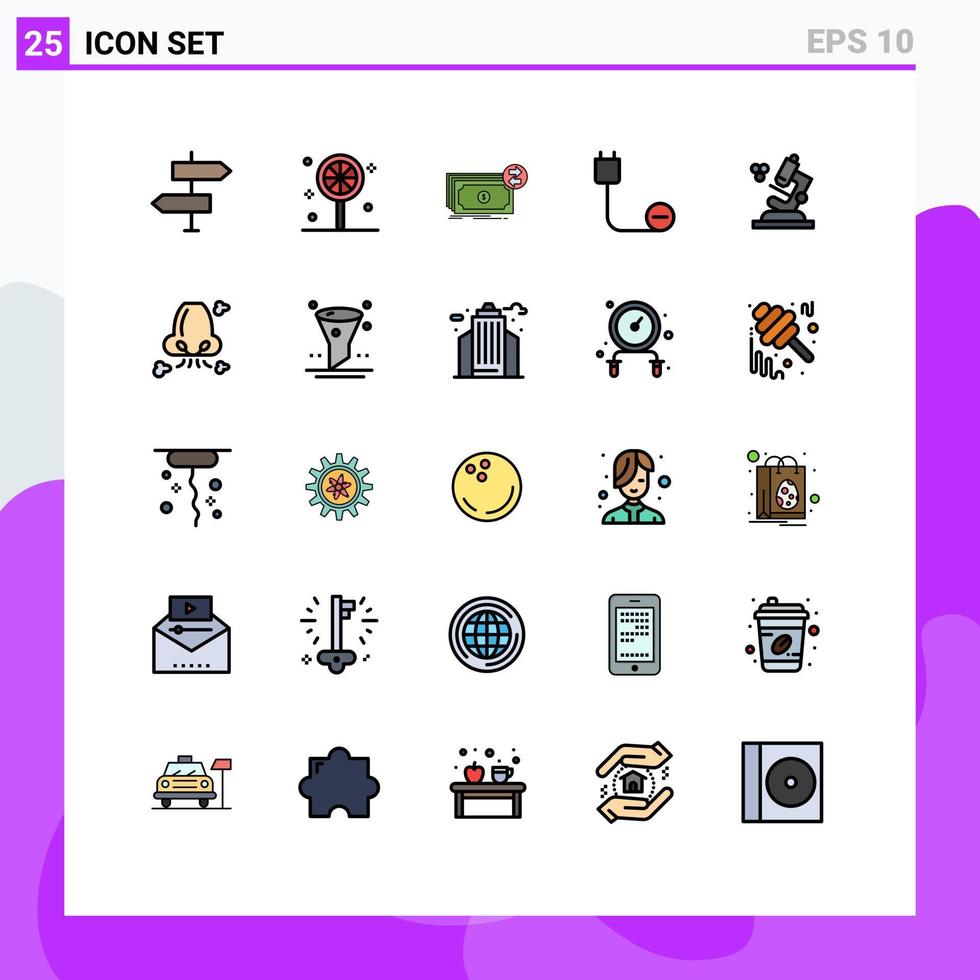 Pack of 25 Modern Filled line Flat Colors Signs and Symbols for Web Print Media such as power devices banknotes cord money Editable Vector Design Elements