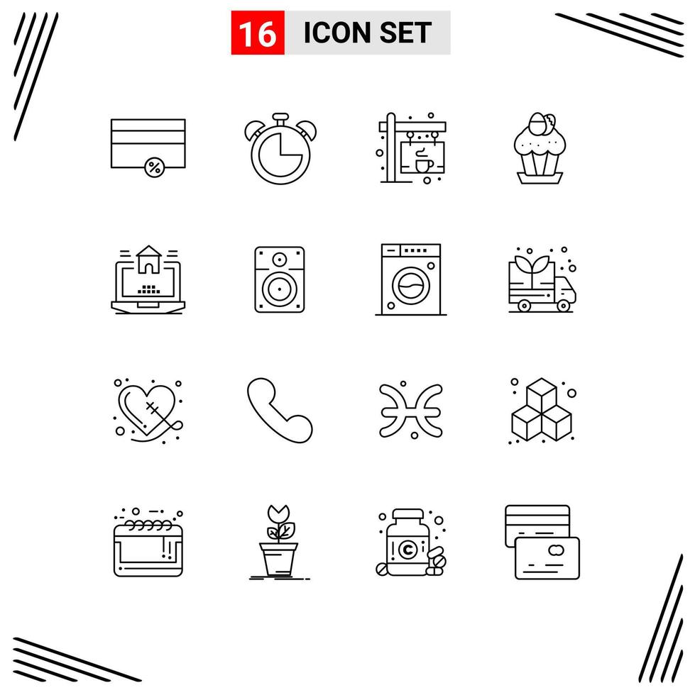 Group of 16 Outlines Signs and Symbols for laptop food coffee cup egg Editable Vector Design Elements