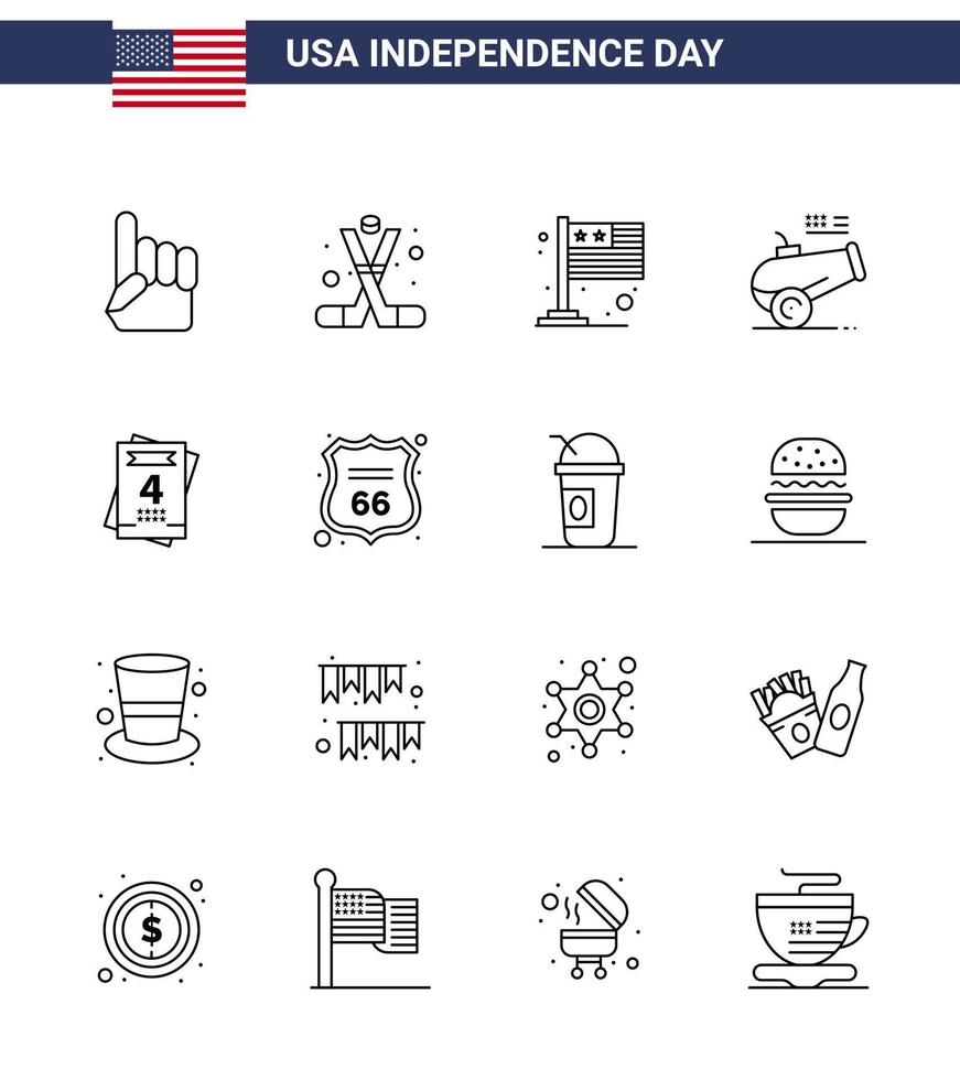 Line Pack of 16 USA Independence Day Symbols of invitation howitzer america cannon usa Editable USA Day Vector Design Elements