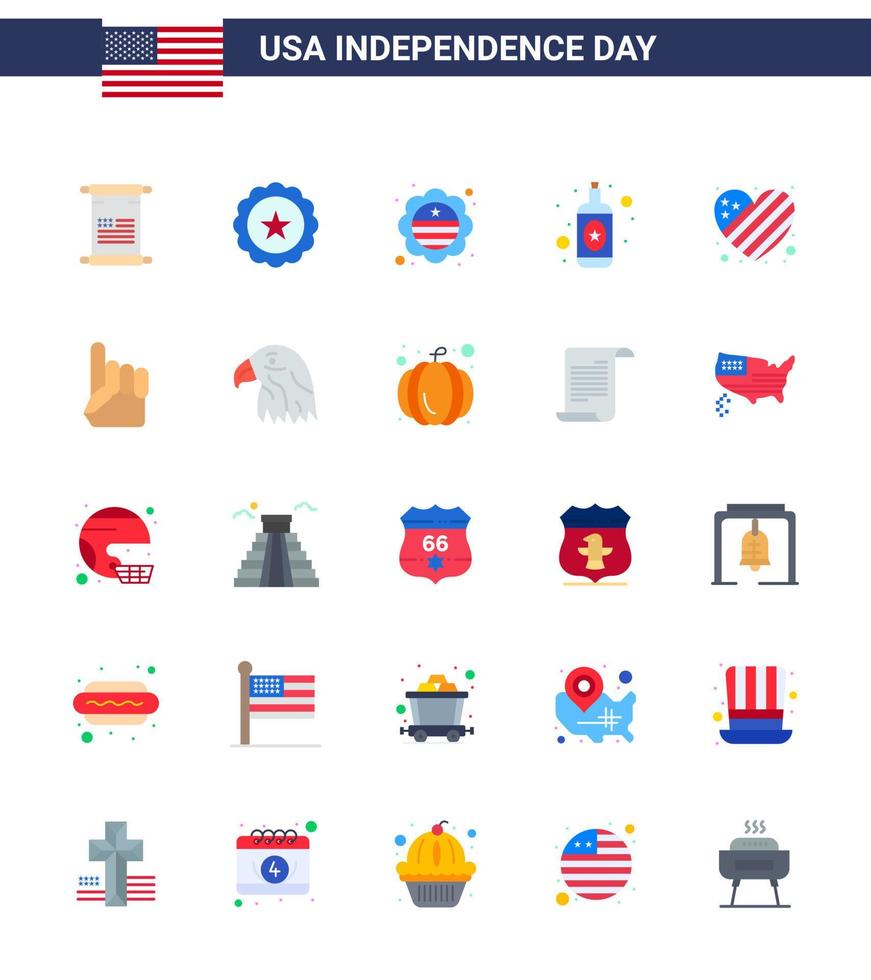 Big Pack of 25 USA Happy Independence Day USA Vector Flats and Editable Symbols of heart american country wine alcohol Editable USA Day Vector Design Elements