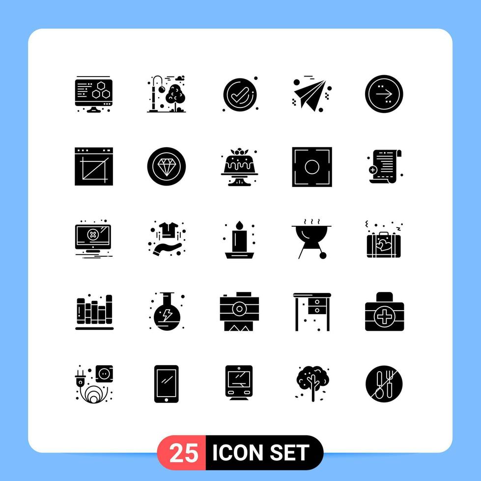 Universal Icon Symbols Group of 25 Modern Solid Glyphs of right direction tick circle paper Editable Vector Design Elements