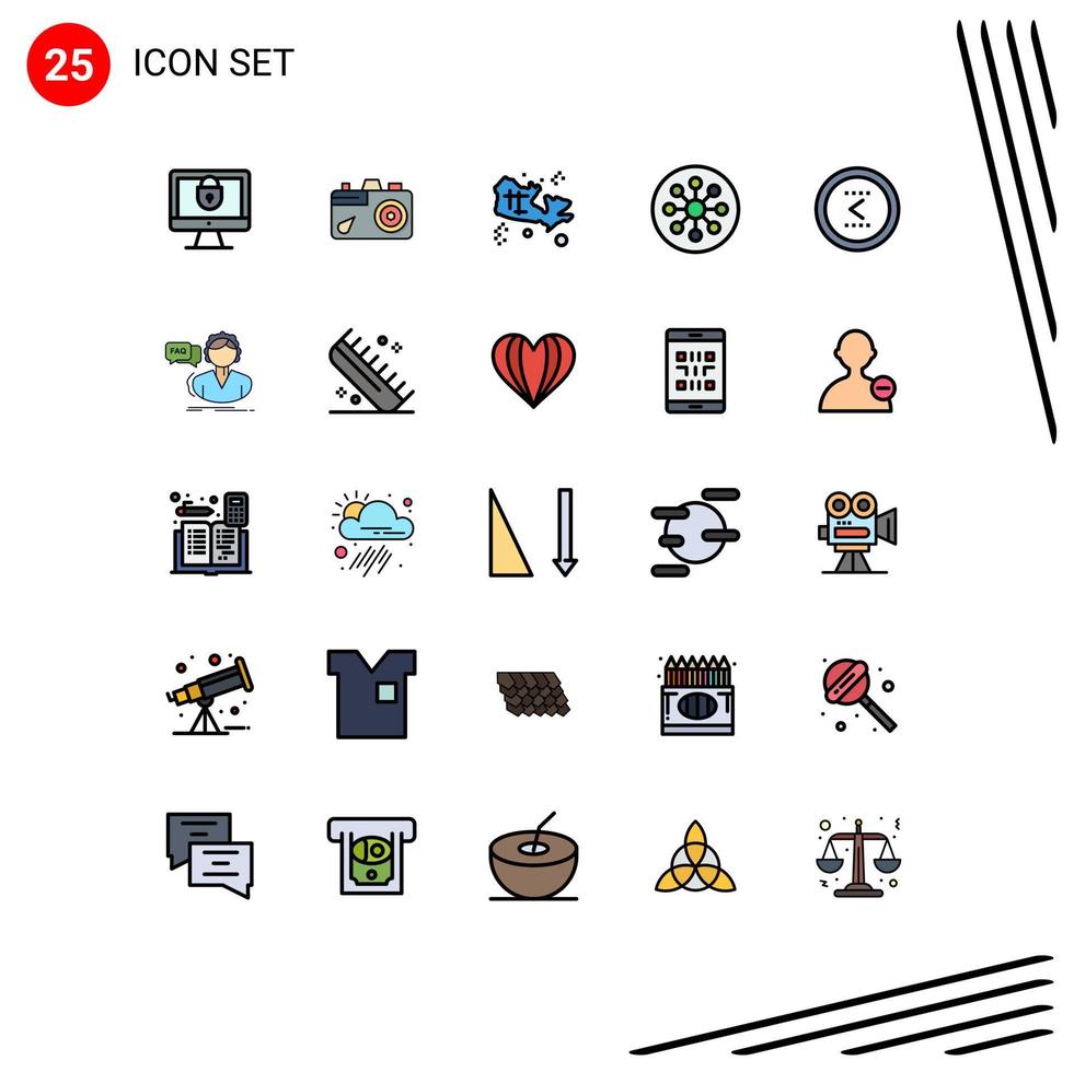 25 Universal Filled line Flat Color Signs Symbols of arrow chemistry map cell atom Editable Vector Design Elements