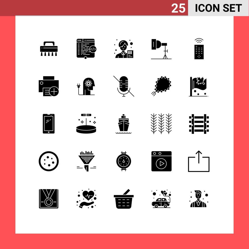 Pack of 25 creative Solid Glyphs of control photography accountant photo female Editable Vector Design Elements