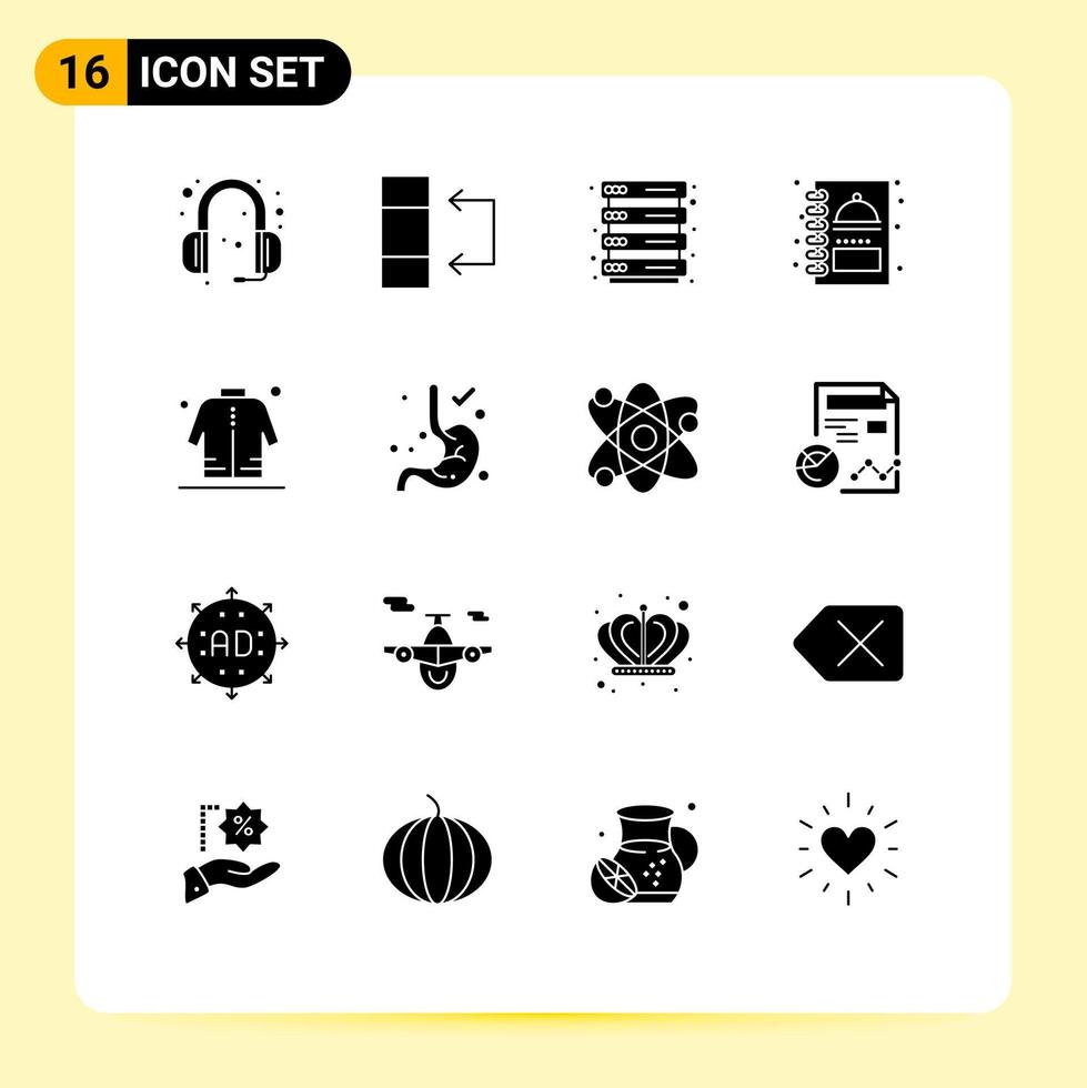 Modern Set of 16 Solid Glyphs Pictograph of shopping shirt rack jacket menu book Editable Vector Design Elements