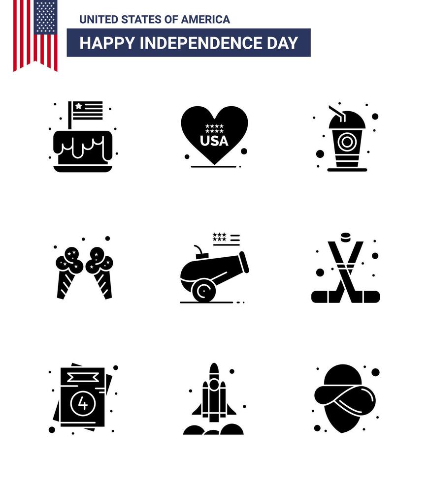 Modern Set of 9 Solid Glyphs and symbols on USA Independence Day such as big gun cream usa ice soda Editable USA Day Vector Design Elements