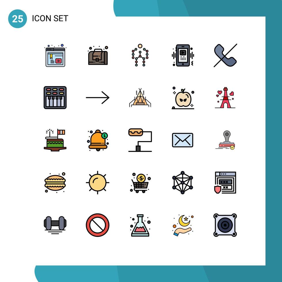 conjunto moderno de 25 colores planos de línea rellena y símbolos como elementos de diseño de vectores editables de teléfono de video de huesos de reproductor de llamadas