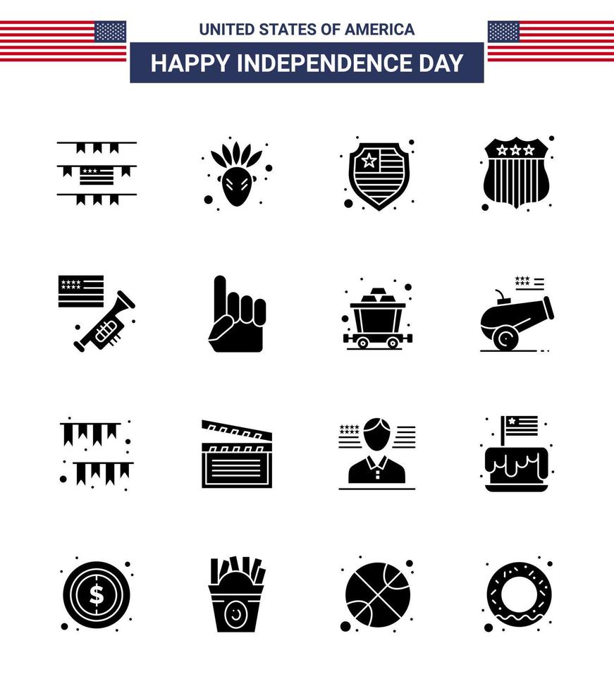 Set of 16 Modern Solid Glyphs pack on USA Independence Day hand american shield laud flag Editable USA Day Vector Design Elements