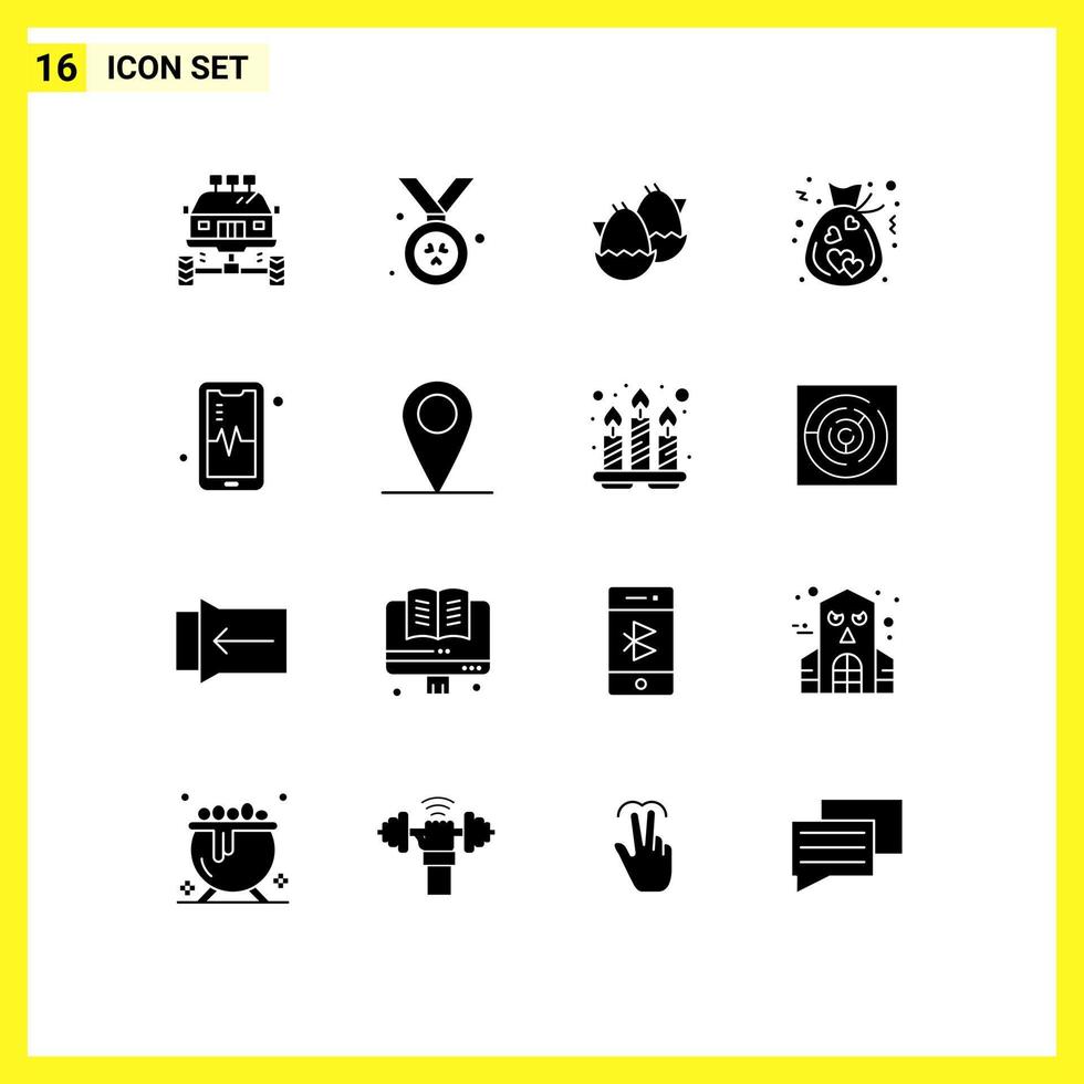 Pack of 16 Modern Solid Glyphs Signs and Symbols for Web Print Media such as mobil love egg donation bag Editable Vector Design Elements