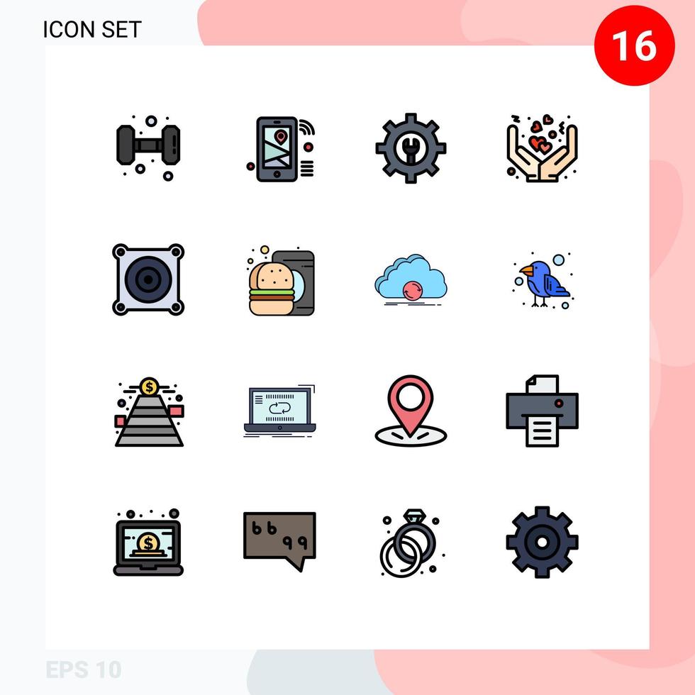 Set of 16 Commercial Flat Color Filled Lines pack for engine love wifi hands care Editable Creative Vector Design Elements