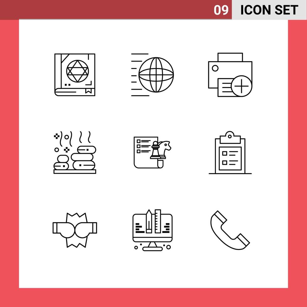 Pack of 9 creative Outlines of wellness spa transport relax gadget Editable Vector Design Elements
