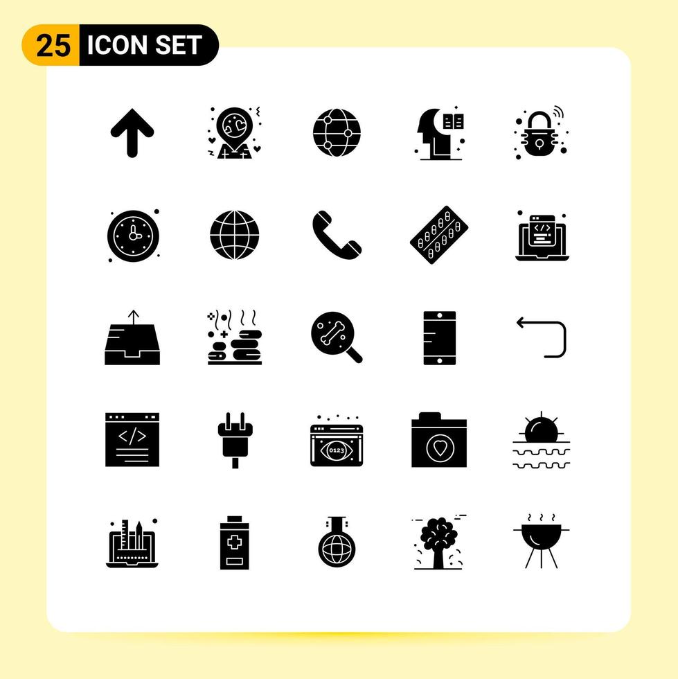 25 Universal Solid Glyphs Set for Web and Mobile Applications secure lock travel house hemisphere Editable Vector Design Elements