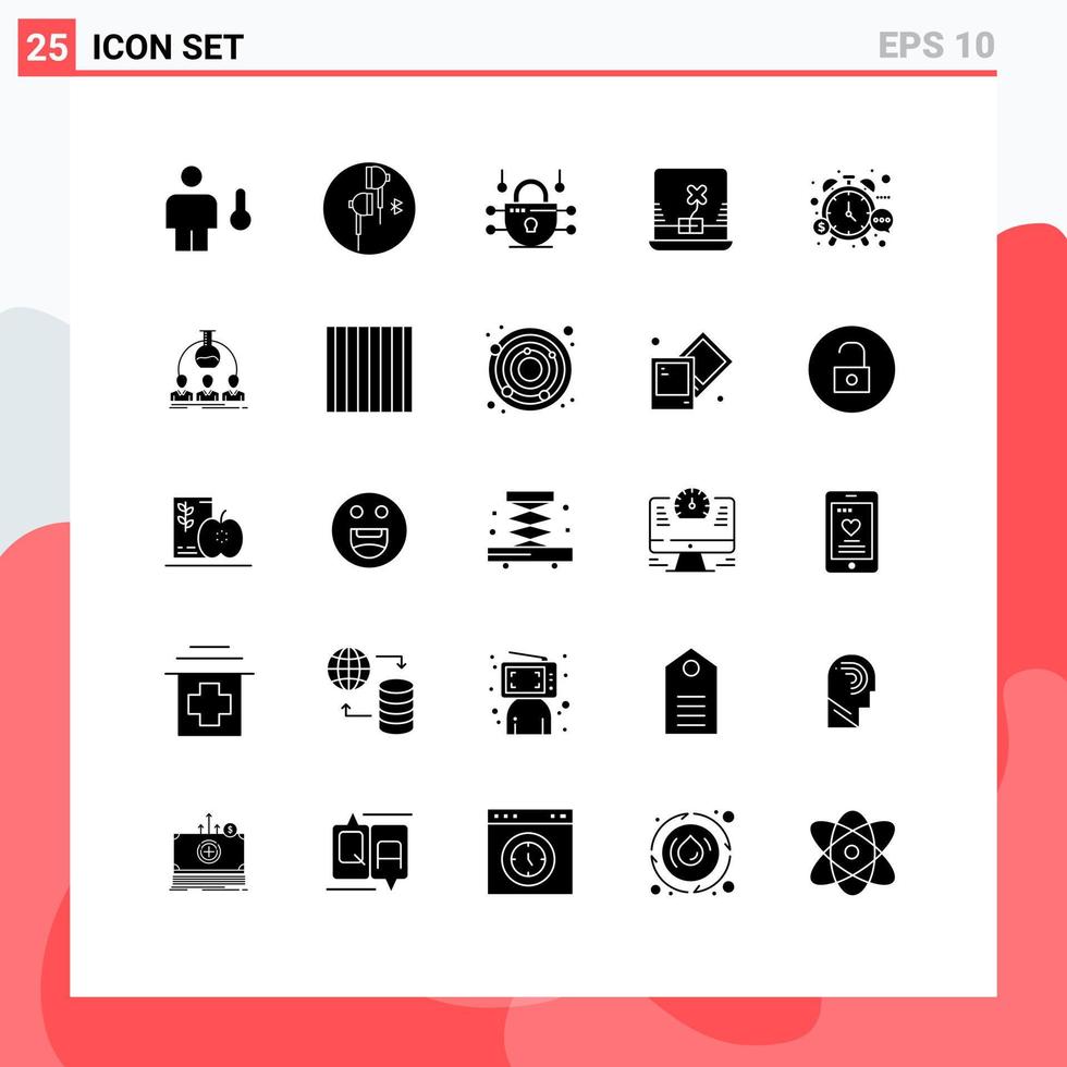 Set of 25 Commercial Solid Glyphs pack for money ireland bluetooth computer network security Editable Vector Design Elements