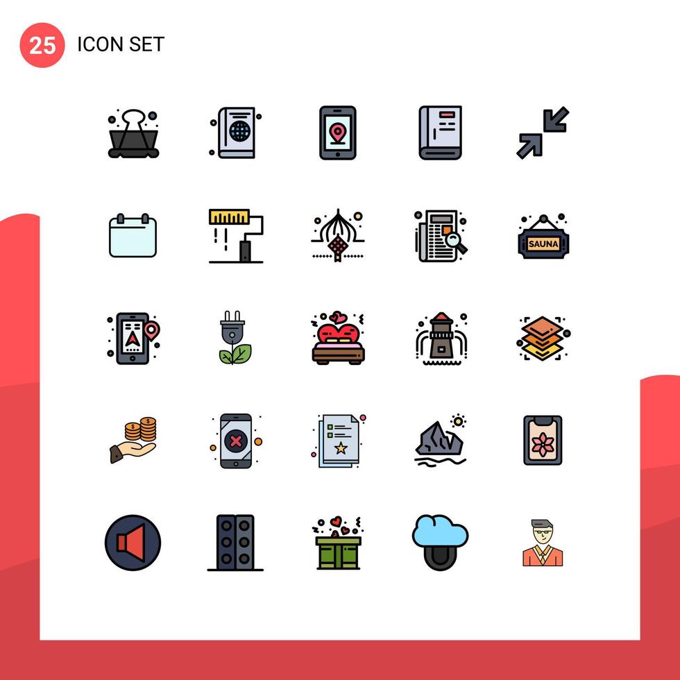 Mobile Interface Filled line Flat Color Set of 25 Pictograms of arrows help diary guide book Editable Vector Design Elements