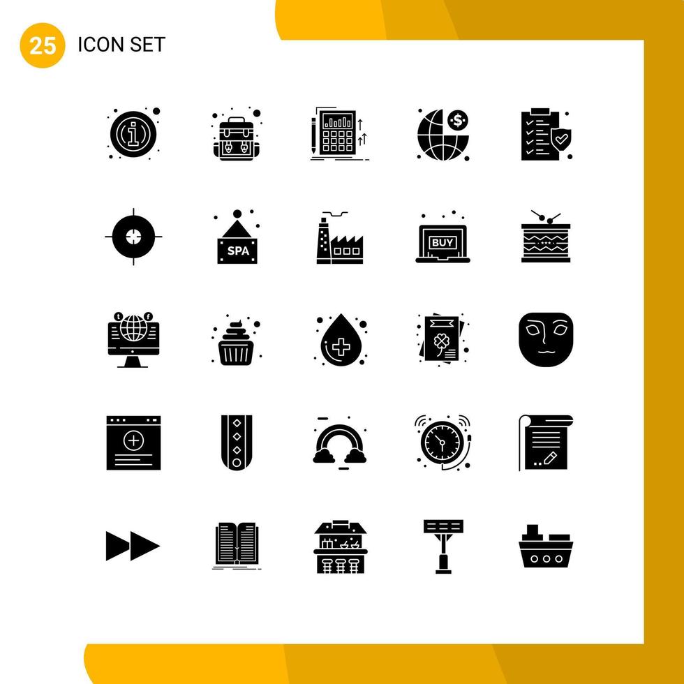 25 User Interface Solid Glyph Pack of modern Signs and Symbols of insurance dollar audit management business Editable Vector Design Elements