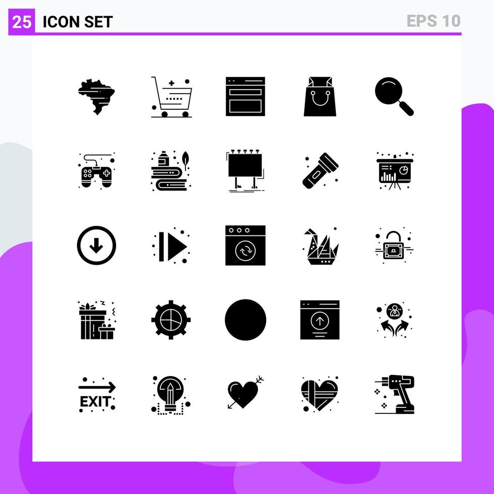 Set of 25 Commercial Solid Glyphs pack for magnify general communication shopping bag Editable Vector Design Elements