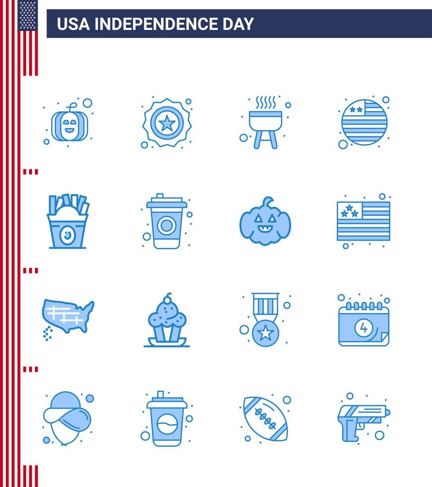 16 Blue Signs for USA Independence Day bottle food bbq fastfood international flag Editable USA Day Vector Design Elements