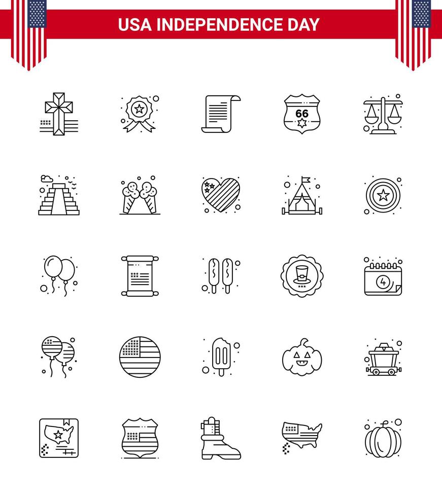 25 USA Line Signs Independence Day Celebration Symbols of law court text security shield Editable USA Day Vector Design Elements