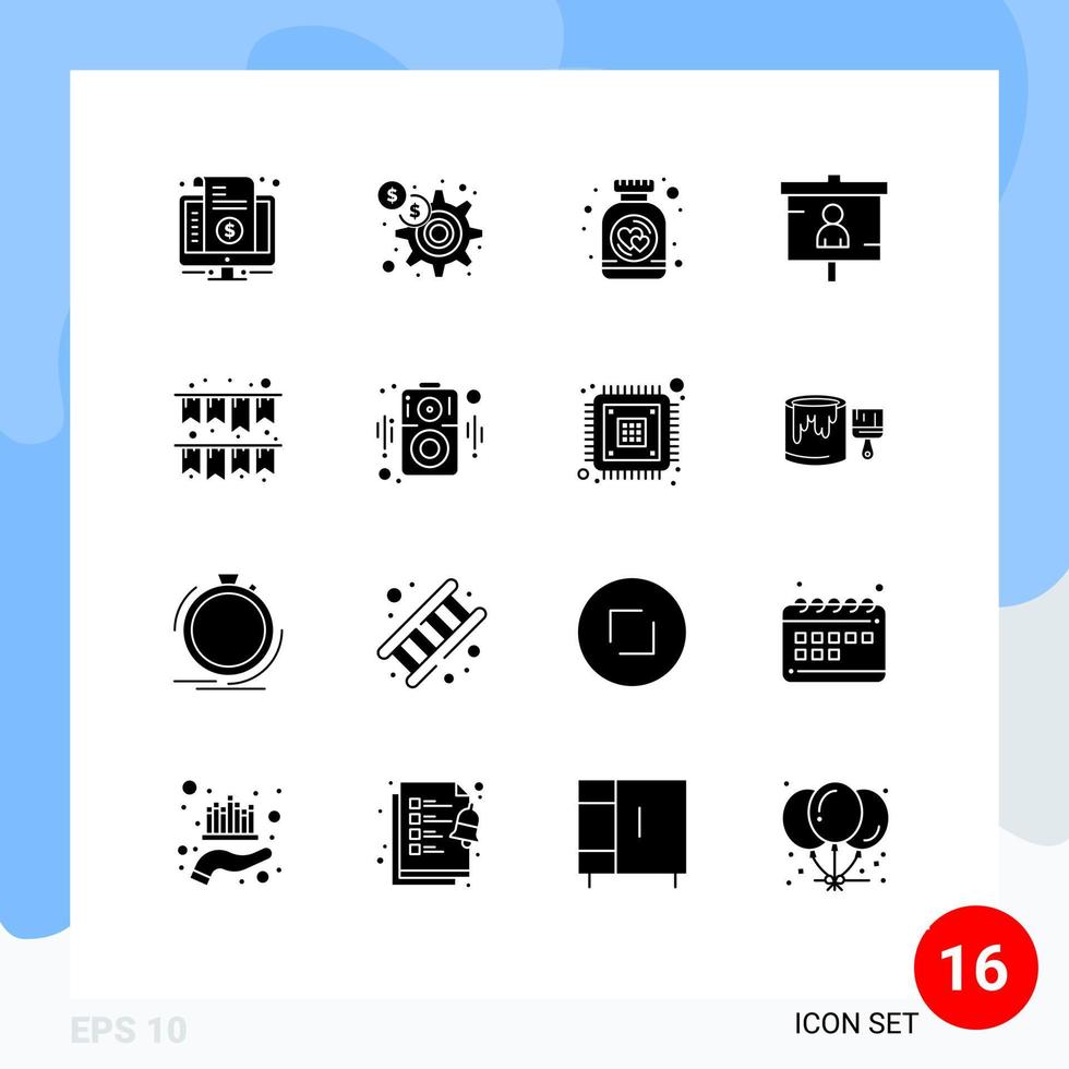 Editable Vector Line Pack of 16 Simple Solid Glyphs of seo marketing marketing finance jar Editable Vector Design Elements