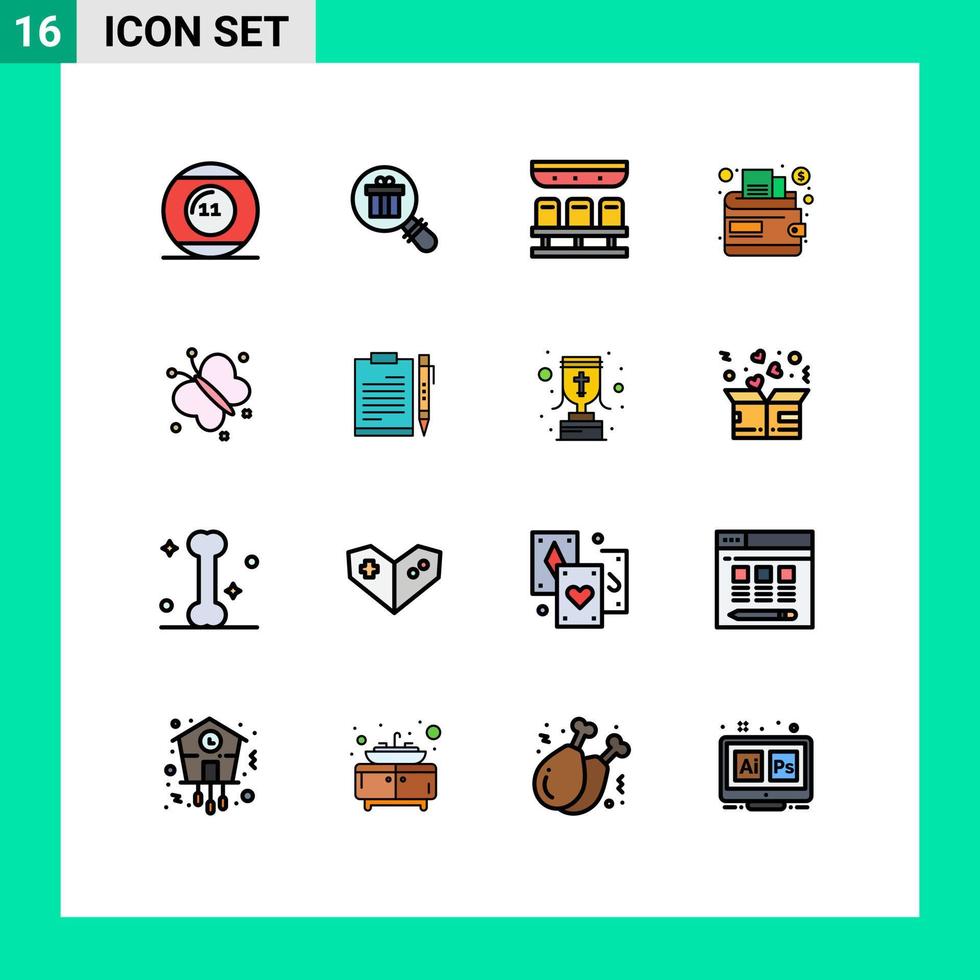 Universal Icon Symbols Group of 16 Modern Flat Color Filled Lines of fly wallet shopping money travel Editable Creative Vector Design Elements