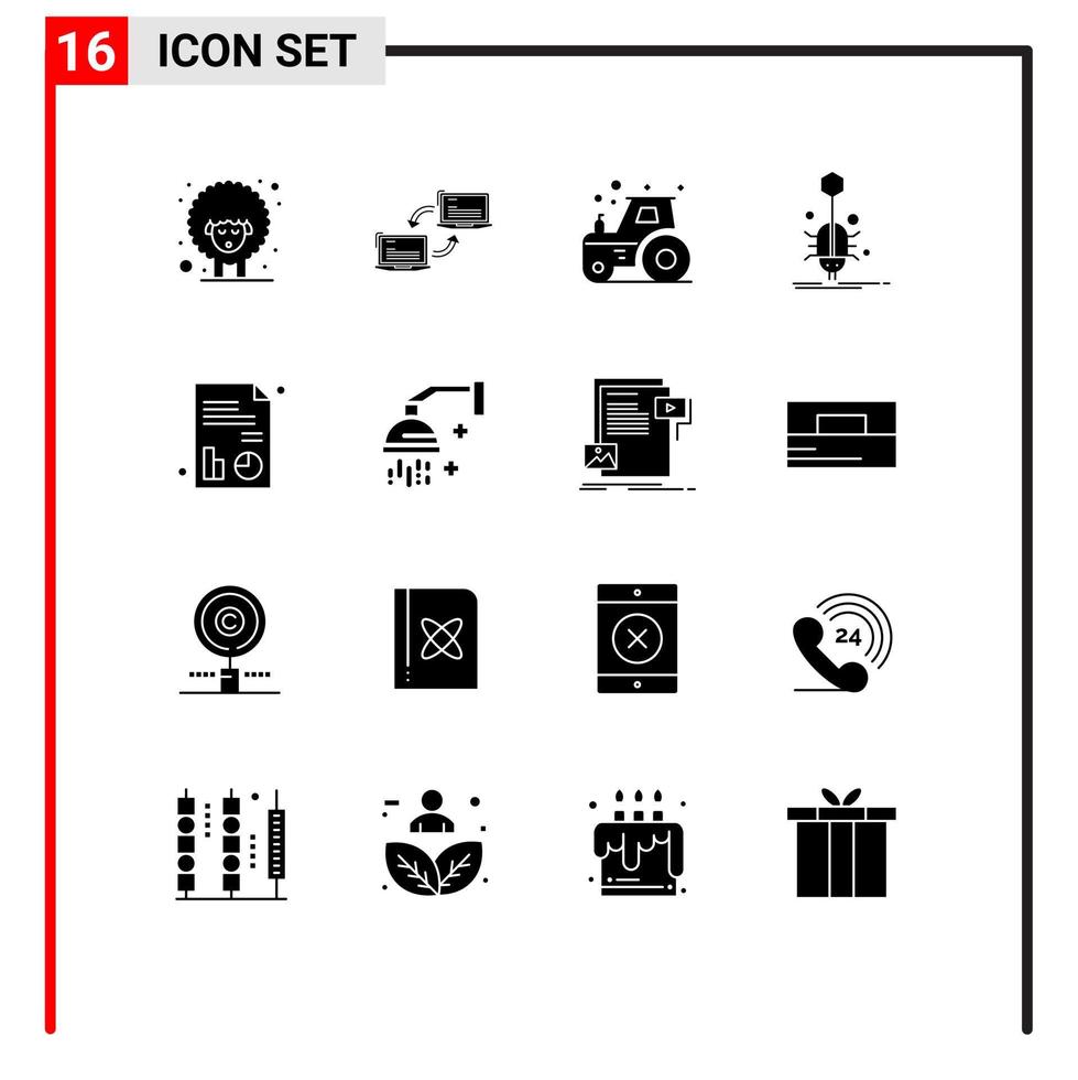 Modern Set of 16 Solid Glyphs Pictograph of web spider sync insect tractor Editable Vector Design Elements