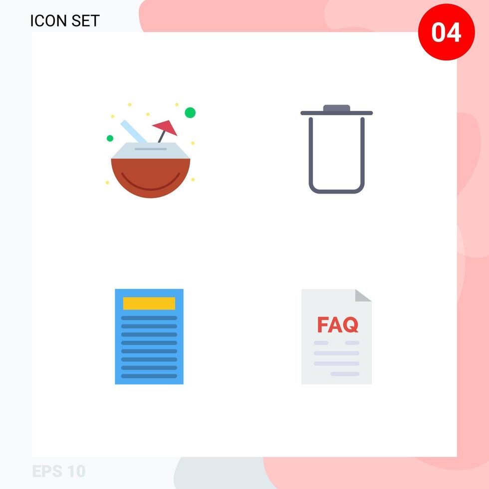 Pictogram Set of 4 Simple Flat Icons of drink red coconut trash document Editable Vector Design Elements