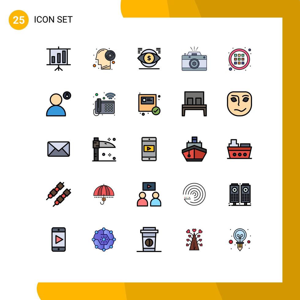 25 Universal Filled line Flat Colors Set for Web and Mobile Applications control photo dollar capture camera Editable Vector Design Elements