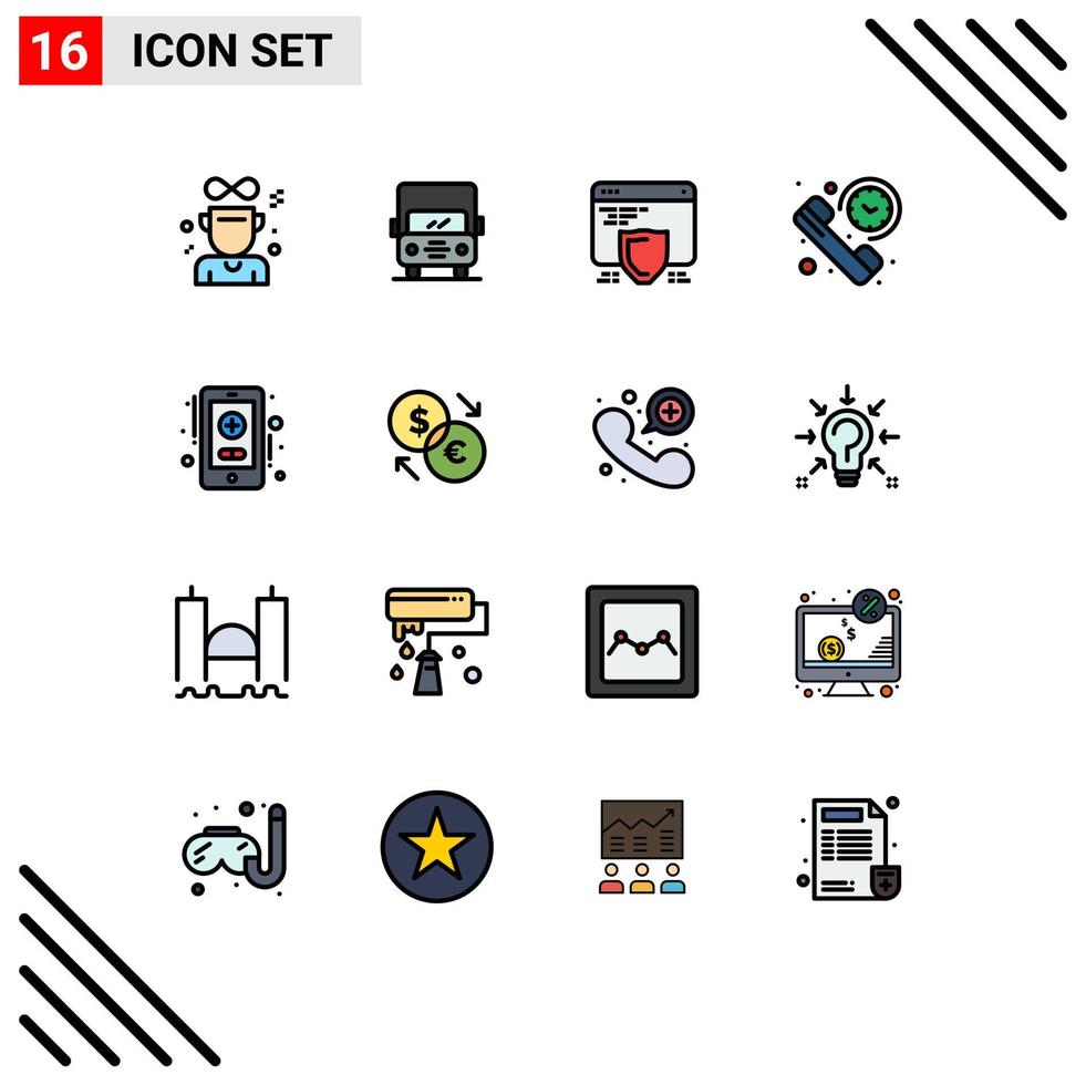 Mobile Interface Flat Color Filled Line Set of 16 Pictograms of health care summary protection phone call Editable Creative Vector Design Elements