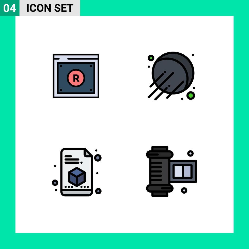 4 símbolos de signos de color plano de línea de llenado universal de la ley de impresión empresarial espacio elementos de diseño de vector editables de rollo de cámara antigua