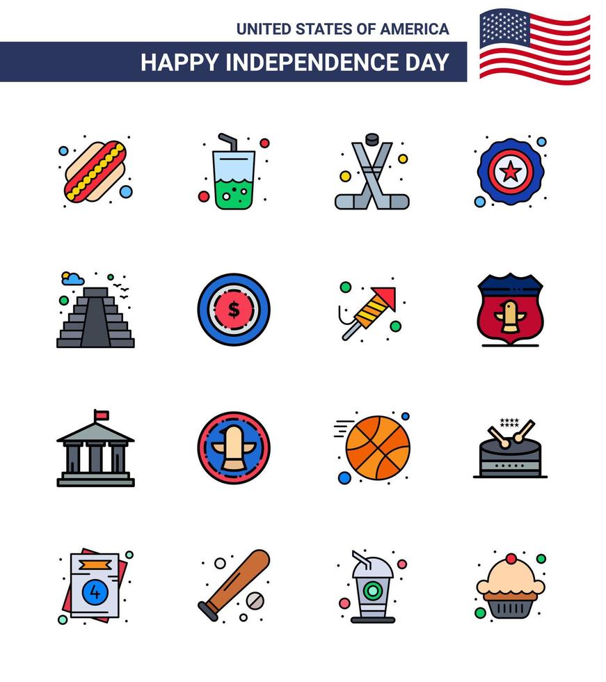 Pack of 16 creative USA Independence Day related Flat Filled Lines of landmark american ice hockey usa police Editable USA Day Vector Design Elements